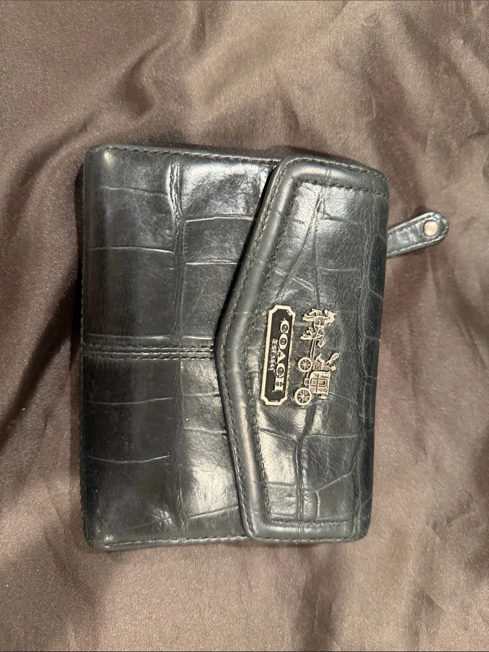 Coach Black Croc-Embossed Leather Bifold Wallet with Gold Tone Logo